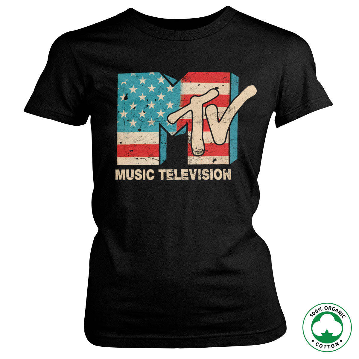 MTV Distressed USA-Flag Organic Girly T-Shirt